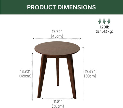 100% Solid Oak Round Side Table Set of 2, Small Bedside Table for Small Spaces, Living Room End Table with Stable Frame, Modern Nightstand for Bedroom Couch(Walnut, 17.71" D x 19.68" H)
