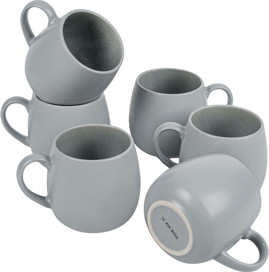 Ceramic Coffee Mugs Set of 6, 14oz - Modern Scandinavian Aesthetic - Microwavable Stoneware Coffee Cups with Comfortable Handle - Tea Mug Set for Latte, Cappuccino, Soup - Pale Blue Mist