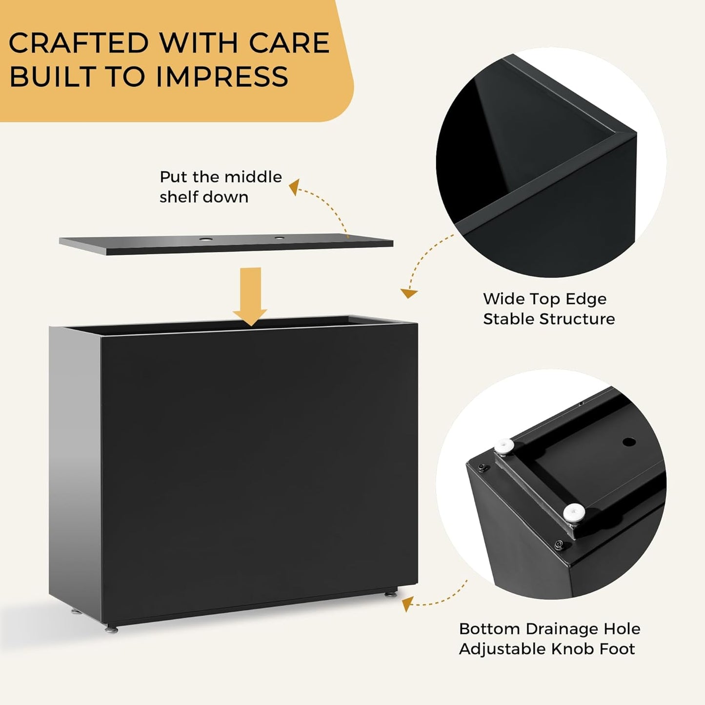 Tall & Long Metal Planter with Middle Shelf, 36W x 11D x 30H Large Rectangular Outdoor Planter Box, Span Divider for Garden, Patio, Yard | Easy 5-Min Assembly, Drainage Holes, Adjustable Feet, Black