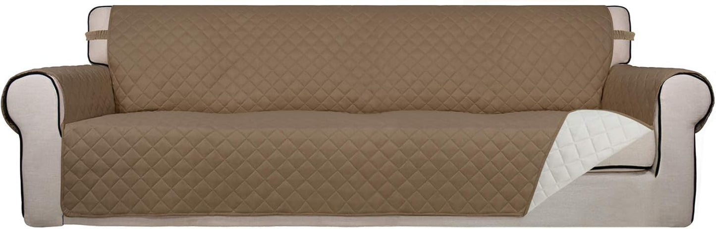 PureFit Reversible Quilted Sofa Cover, Water Resistant Slipcover Furniture Protector, Washable Couch Cover with Non Slip and Elastic Straps for Kids, Dogs, Pets (XX Large, Camel/Ivory)