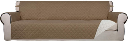PureFit Reversible Quilted Sofa Cover, Water Resistant Slipcover Furniture Protector, Washable Couch Cover with Non Slip and Elastic Straps for Kids, Dogs, Pets (XX Large, Camel/Ivory)