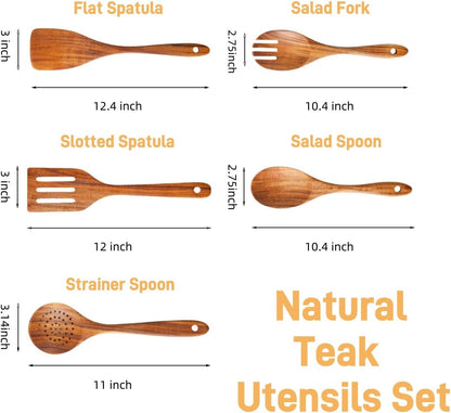 5 Piece Wooden Spoons for Cooking - Natural Finish Wooden Cooking Utensils - Soft Grip Wood Spoons - Non-Stick Wooden Spoons