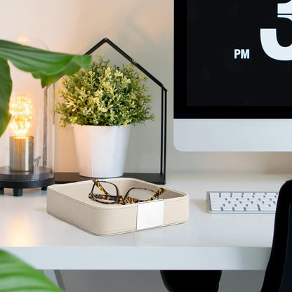 SANZIE Luxury Leather Desktop Storage Small Catchall Organizer Decorative Tray for Entryway Table to Hold Jewelry Watch Cosmetics Keys Phone Wallet, Home & Office Accessories (Metal Silvered, Grey)