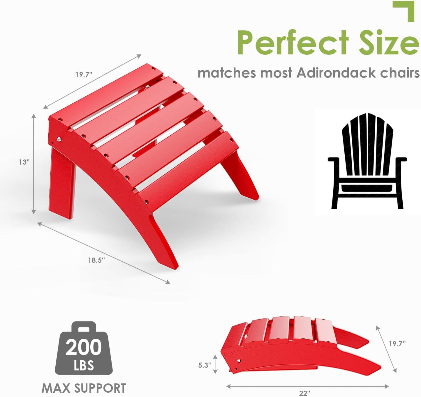 GREENVINES Adirondack-Ottoman | HDPE Plastic | Outdoor Footrest | All Weather | Foot Rest | Foot Stool | Red | for Adirondack Chair | for Patio Backyard Pool