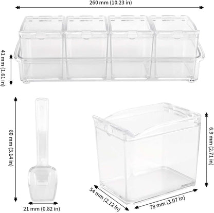 JAPCHET 3 Pack 4 Cell Clear Seasoning Box with Spoons, 10.2 × 3.54 × 3 inch Seasoning Storage Container with Cover, Clear Seasoning Rack Spice Pots for Spice, Salt, Sugar
