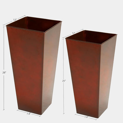 KOL 25'' & 28'' Tall Galvanized Steel Metal Glazed Planter with Insert, Set of 2, Metal Planter Pots for Indoor & Outdoor Use, Decorative Flower Plant Pots for Front Porch, Patio, Deck - Brown