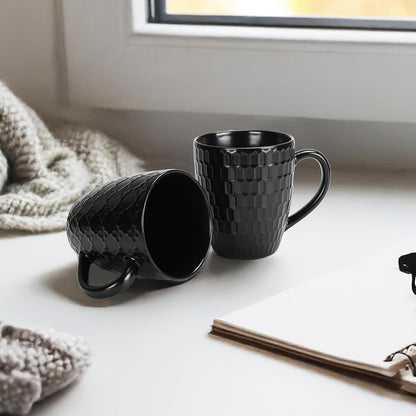 16 OZ Bone Coffee Mugs Set of 6 Matte Black, Large Ceramic Coffee Mugs Set with Different Texture Patterns, Porcelain Cups with Handle for Espresso Latte Tea Milk