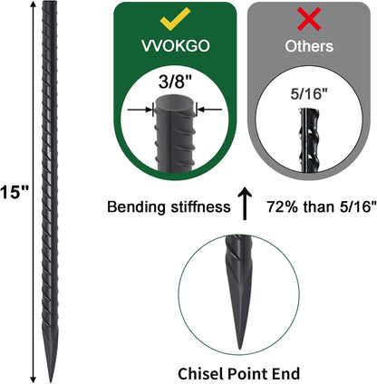 VVOKGO Rebar Stakes 15 Inches Ground Concrete Form Stakes (16pcs), 3/8" Diameter Straight Metal Spikes Heavy Duty with Chisel Point End, Steel Anchors for Fence, Concrete Timber, Garden Plants, Black