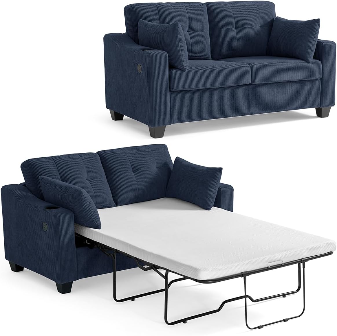 Pull Out Sofa Bed, Full Size Sleeper Sofa, 2-in-1 Convertible Corduroy Couch with USB Charging, Memory Form Couch for Living Room, Apartment and Small Space (Navy Blue, Corduroy - Full Size)
