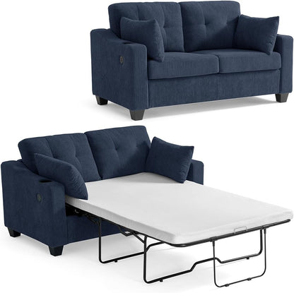 Pull Out Sofa Bed, Full Size Sleeper Sofa, 2-in-1 Convertible Corduroy Couch with USB Charging, Memory Form Couch for Living Room, Apartment and Small Space (Navy Blue, Corduroy - Full Size)