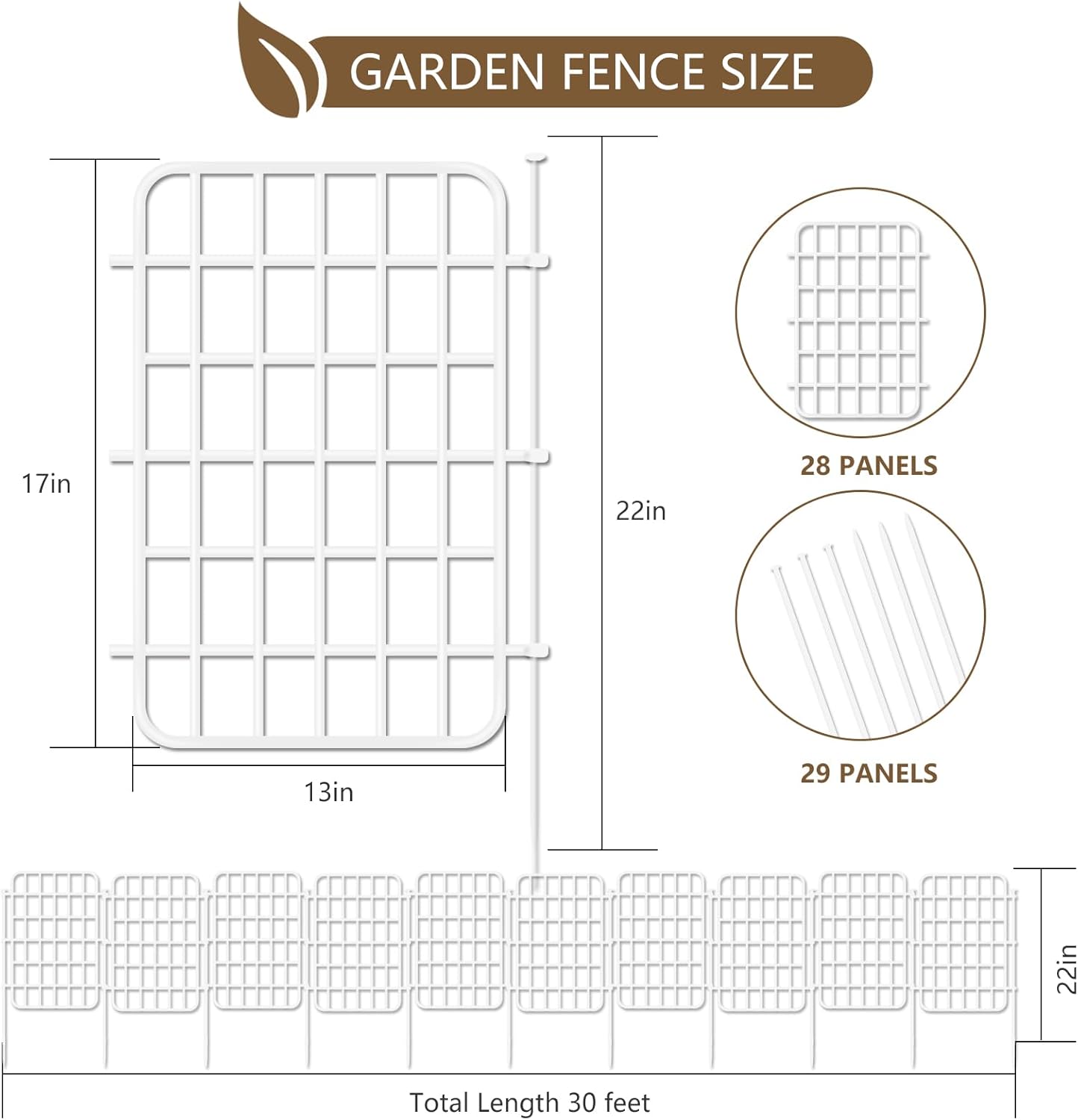 30ft x 17in Garden Fence Animal Barrier, 28 Panels No Dig Fence Border, Rustproof Metal Decorative Garden Fencing with Ground Stake, Flower Bed Edging Border for Dog, Rabbit, Outdoor Patio, White