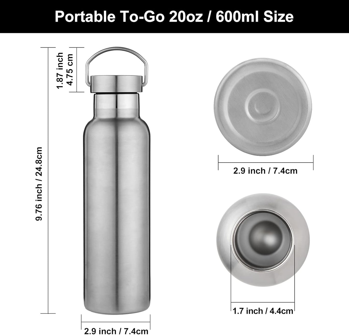 Neihepal 20 oz Insulated Water Bottles Bulk 2 Pack,Stainless Steel Double Wall Sport Bottle with Lid of Handle,Metal Reusable Thermoses Flask with Cup Cap for School,Cyclists,Gift (Silver,Set of 2)