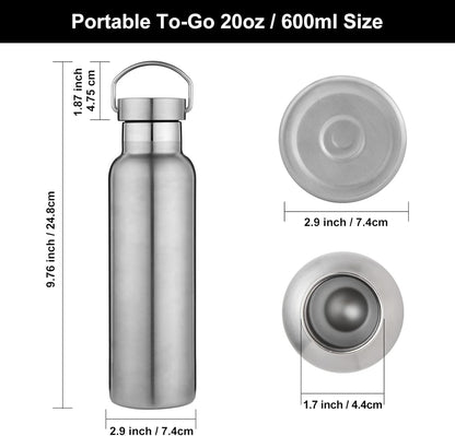 Neihepal 20 oz Insulated Water Bottles Bulk 4 Pack,Stainless Steel Double Wall Sport Bottle with Lid of Handle,Metal Reusable Thermoses Flask with Cup Cap for School,Hikers,Gift (Silver,Set of 4)