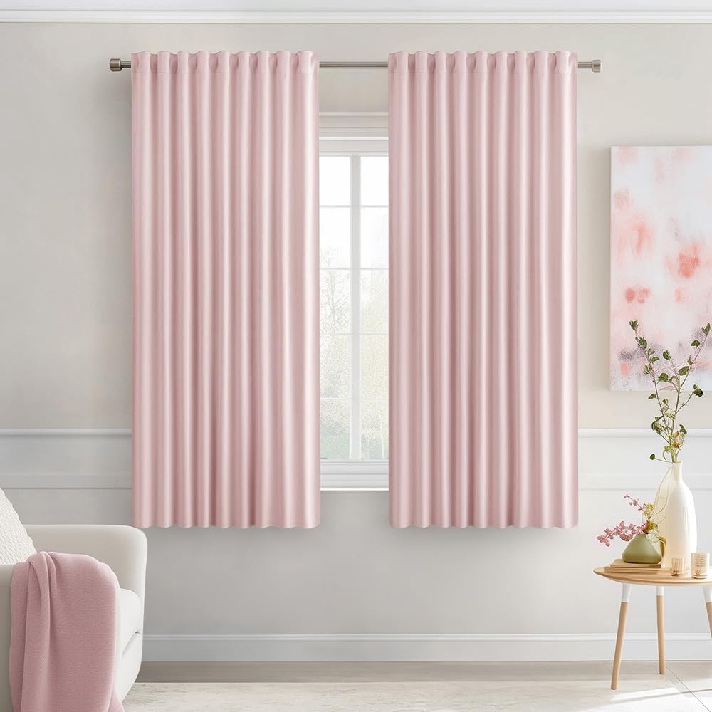 MIULEE Baby Pink Back Tab Blackout Curtains 63 Inch Length 2 Panels Set for Living Room Bedroom Privacy, Rod Pocket/Pinch Pleat Thermal Insulated Room Darkening Pleated Light Blocking Drapes