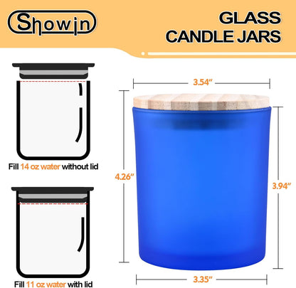 SHOWIN 14 OZ Thick Candle Jars for Making Candles 12 Pcs, 3 Wick Empty Jars with Wood Lids for Candle Making, Sample Container, Frosted Blue
