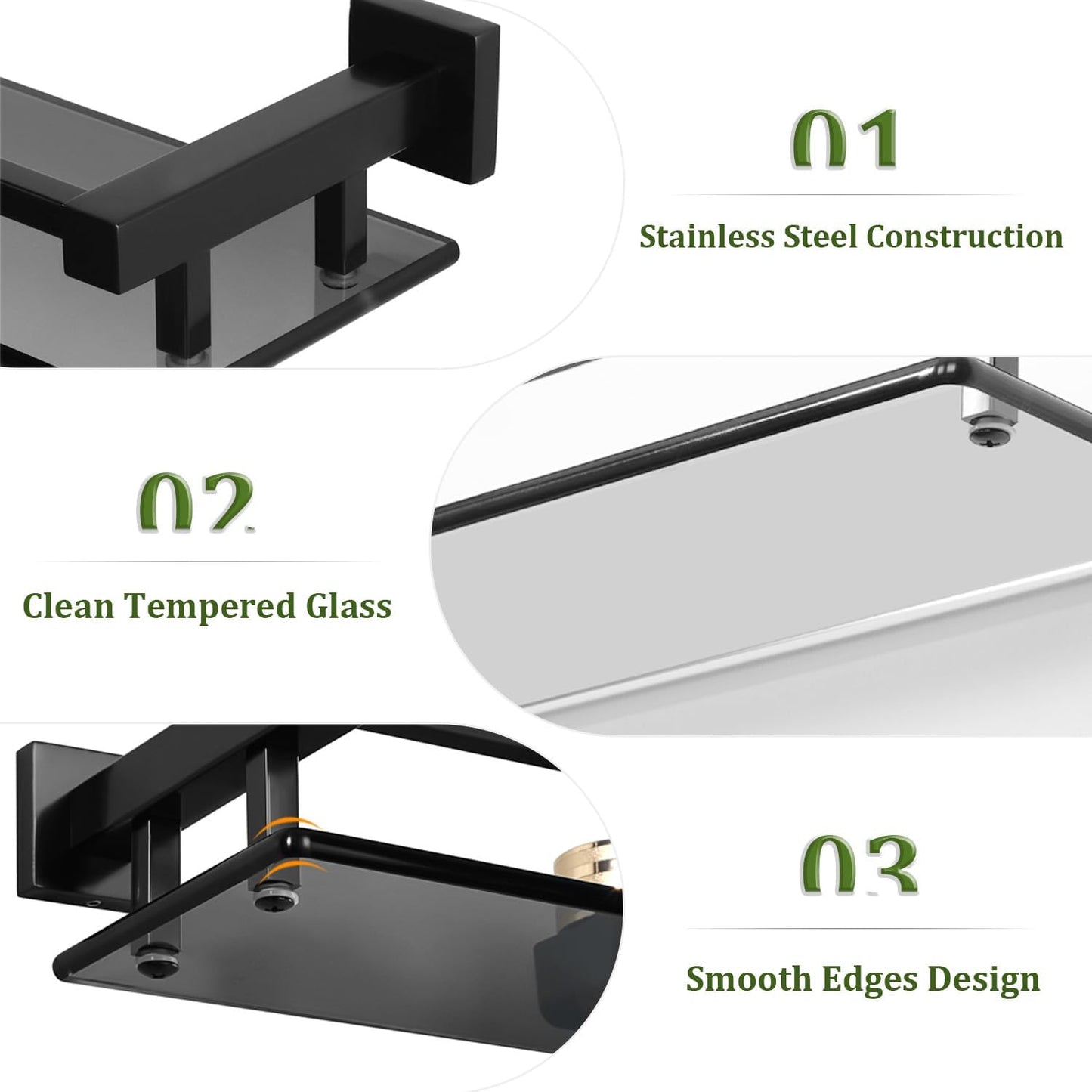 Alise Glass Shelves for Bathroom Wall, Tempered Glass Bathroom Shelf Wall Mounted, Modern Space Saving Floating Shelves 12 inch, Matte Black