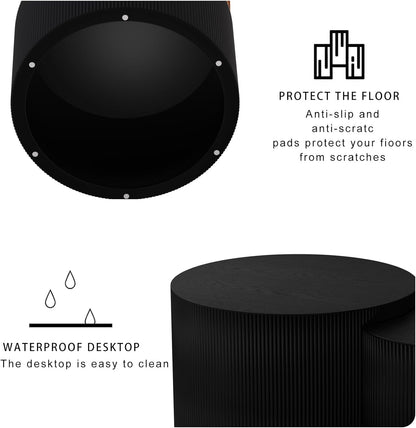 Round Coffee Table Set of 2, Nesting Coffee Table and End Table Set Small Circle Drum Side Table for Living Room Office, No Assembly (D Black Crescent)