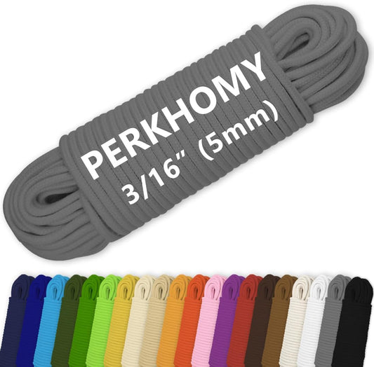 PerkHomy Cotton Rope 3/16" (5mm) 100 ft Multi Purpose Utility Diamond Braided Cord, Natural Cotton for Clothes Line Camping Crafting Flag Pole, Grey
