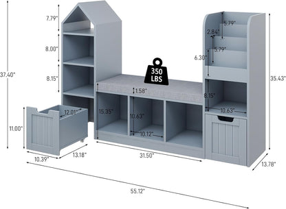 Vabches Toy Storage Organizer for Kids Bookshelf with Reading Nook, Multifunctional Bookcase with 7 Storage Cubbies, 2 Movable Drawers and Seat Cushion for Keeping Kids' Toys Books Organized, Grey