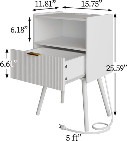 Nightstand,Modern Bedside Table with Storage Drawer and Open Wood Shelf, Accent Night Stand with Solid Wood Legs for Living Room, Bedroom and Small Spaces,Easy Assembly (White-Outlet)