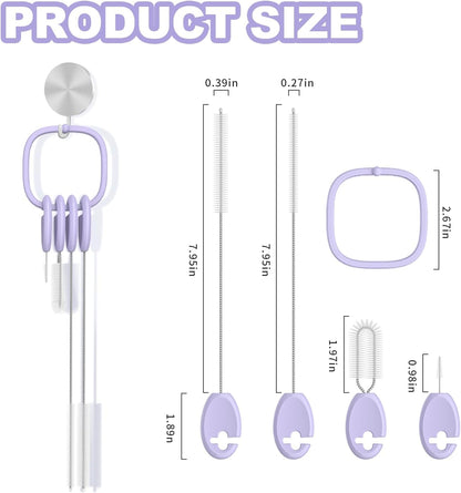 YOTIME Standing Straw Cleaner Brush Set, 4in1 Reusable Straw Brushes with Holder Ring, for Wide and Narrow Straws, Tumblers, Water Bottles and Cups, Purple