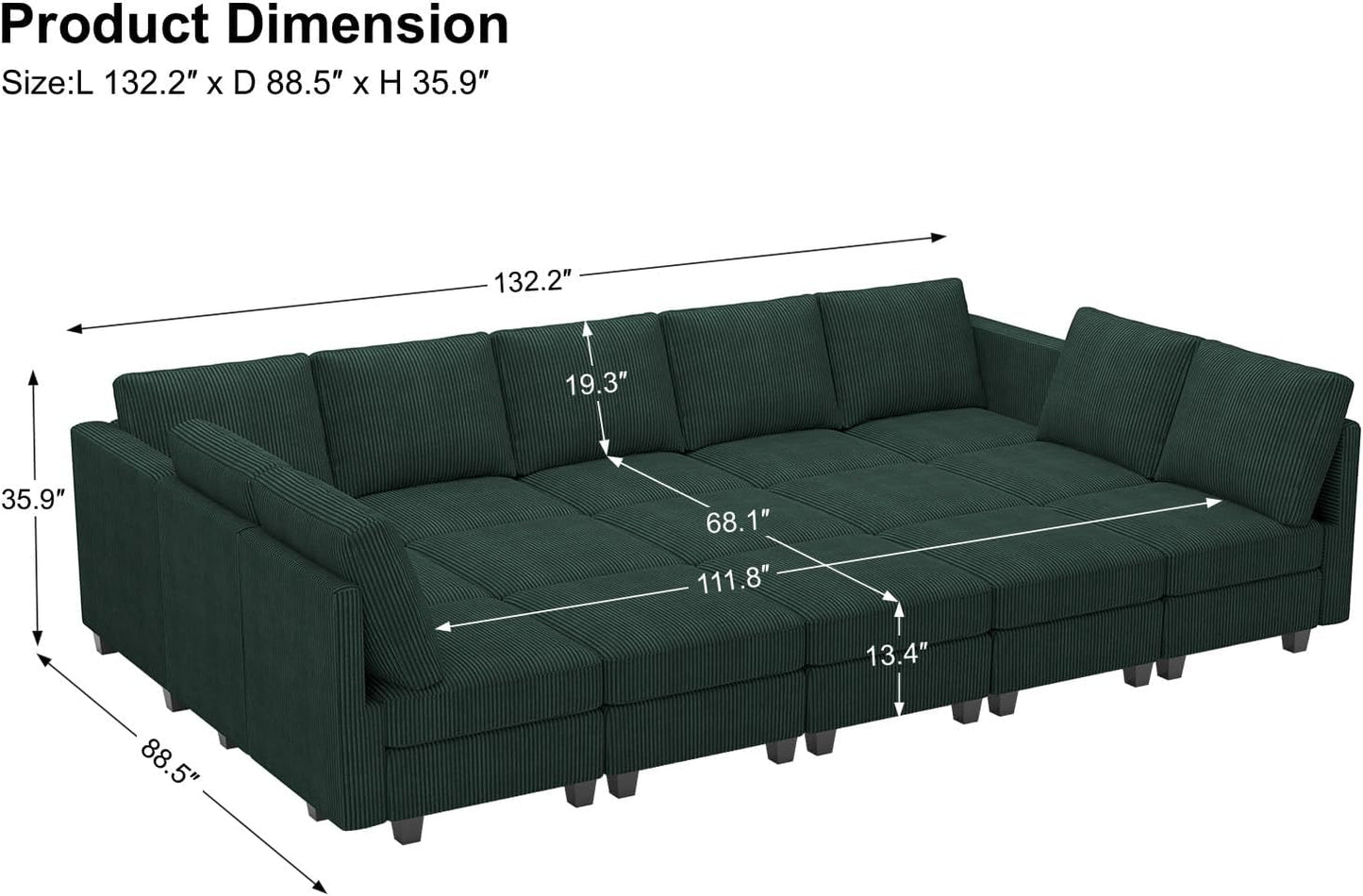 Belffin Large 15 Seat Modular Sectional Sofa with Storage Seat Corduroy Sleeper Sectional Sofa Bed Oversized Convertible Modular Couch for Living Room Green