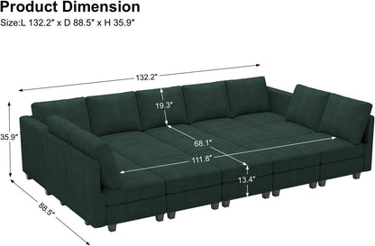 Belffin Large 15 Seat Modular Sectional Sofa with Storage Seat Corduroy Sleeper Sectional Sofa Bed Oversized Convertible Modular Couch for Living Room Green