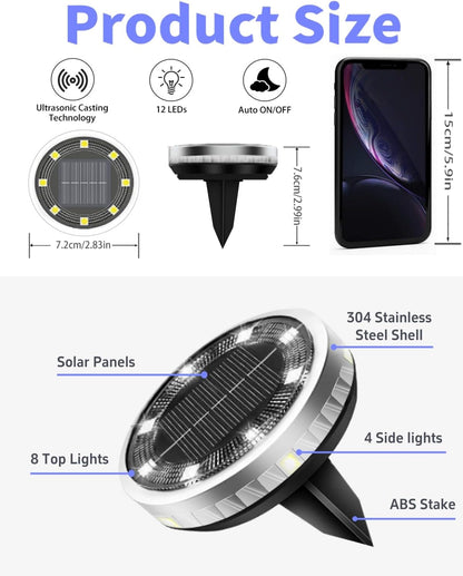 Solar Ground Lights Outdoor 2 Pack Waterproof, Upgraded Solar Garden Lights with 4 Side Light, Stainless Steel Solar Powered Disc Landscape Light for Walkway Pathway Lawn Yard Patio Deck-Cool White