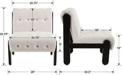 Modern Armless Accent Chair for Living Room, Beige Chenille Button Tufted Upholstered Lounge Reading Chair with Black Wood Frame
