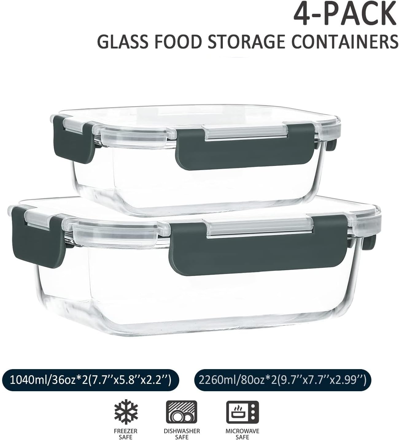 M MCIRCO [80 oz & 36 oz Extra Large Glass Food Storage/Baking Containers Set with Lids, 2 Pack 80 oz(10 cup)&2 Pack 36 oz (4.5 cup) Airtight Glass Container,Microwave,Oven,Freezer and Dishwasher