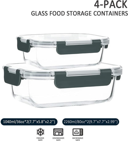 M MCIRCO [80 oz & 36 oz Extra Large Glass Food Storage/Baking Containers Set with Lids, 2 Pack 80 oz(10 cup)&2 Pack 36 oz (4.5 cup) Airtight Glass Container,Microwave,Oven,Freezer and Dishwasher