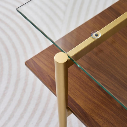 Rectangle Coffee Table, Mid-Century Modern Design, L41 W21 x H17, for Living Room, 2-Tier Structure, Clear Glass Top and Walnut MDF Shelf, Sleek Conical Metal Legs with Gold Finish