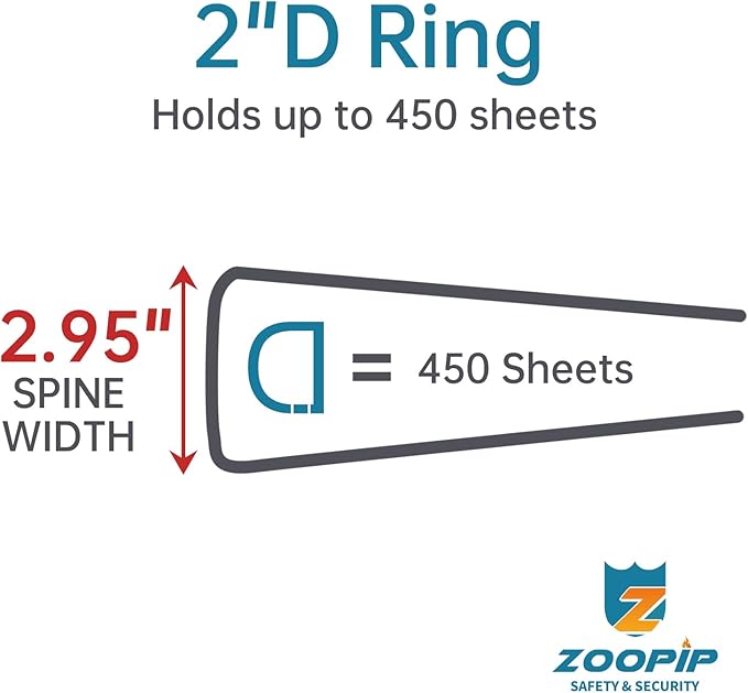 Fireproof 3 Ring Binder with Zipper, 2 Inch D Rings Hold up 450 Sheets of 8.5" x 11" (A4), Compatible with Clear Page Protectors, Built-in net and Pen Holder (1 Pcs, Black, 2")