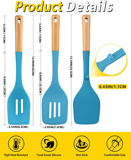 Pack of 4 Silicone Kitchen Utensils Set, Non Stick Solid Spatulas and Heat Resistant Slotted Spoons with Wooden Handle, Ideal BPA Free Cooking Utensils for Mixing,Serving,Turning,Stirring(BLUE)