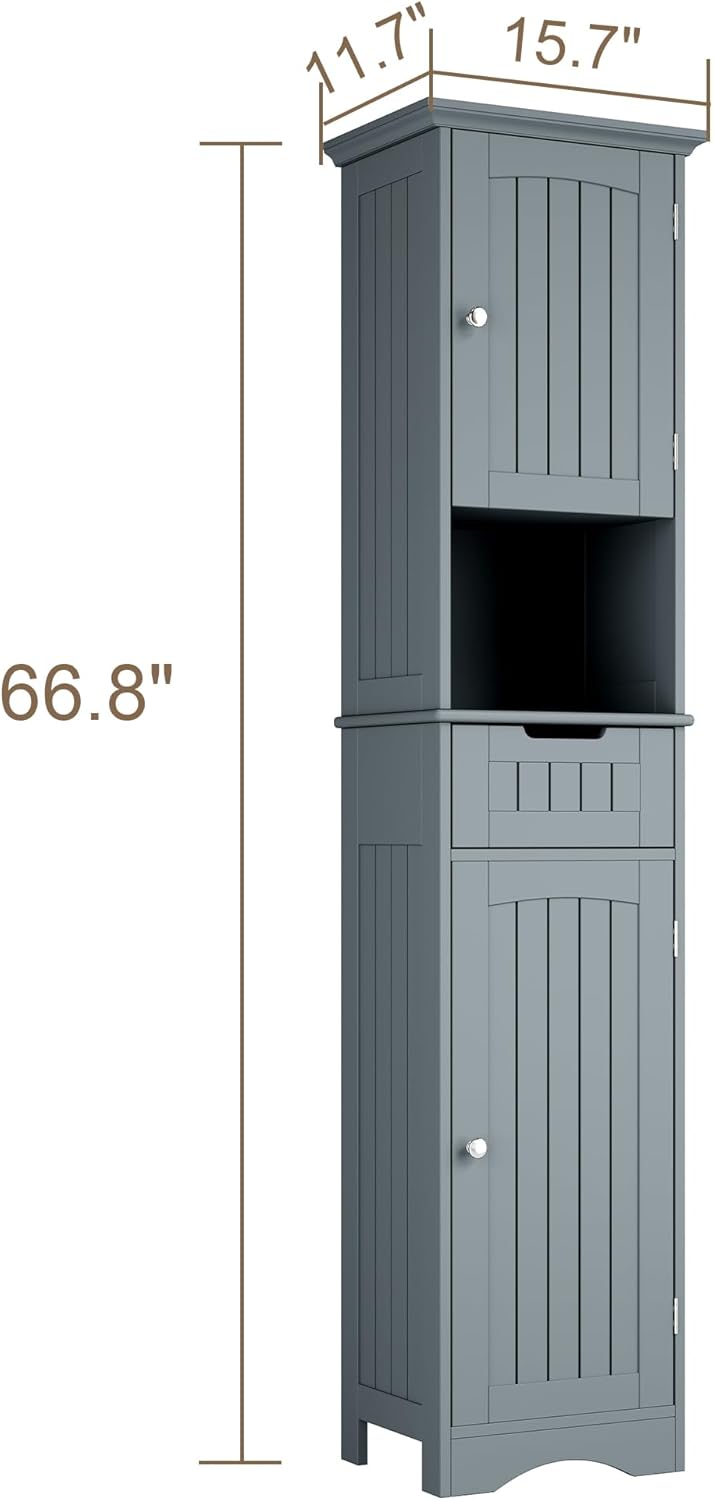 ChooChoo 67" Tall Bathroom Storage Cabinet Freestanding with Adjustable Shelves, Narrow Storage Linen Cabinet with 2 Doors and 1 Drawers for Bathroom, Living Room, Kitchen, Grey