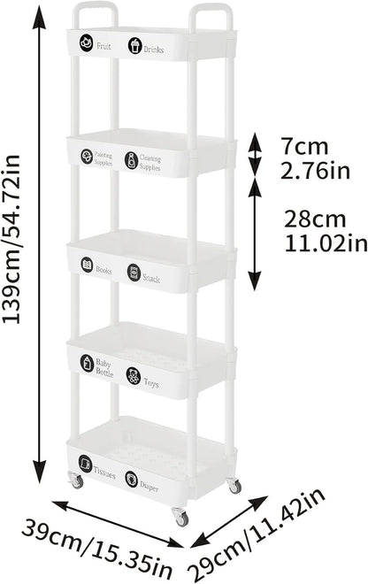 Laiensia 5-Tier Rolling Cart with Wheels,Multifunction Utility Storage carts, Kitchen Storage Organizer,Mobile Shelving Unit for Bathroom,Laundry,with Classified Stickers,White