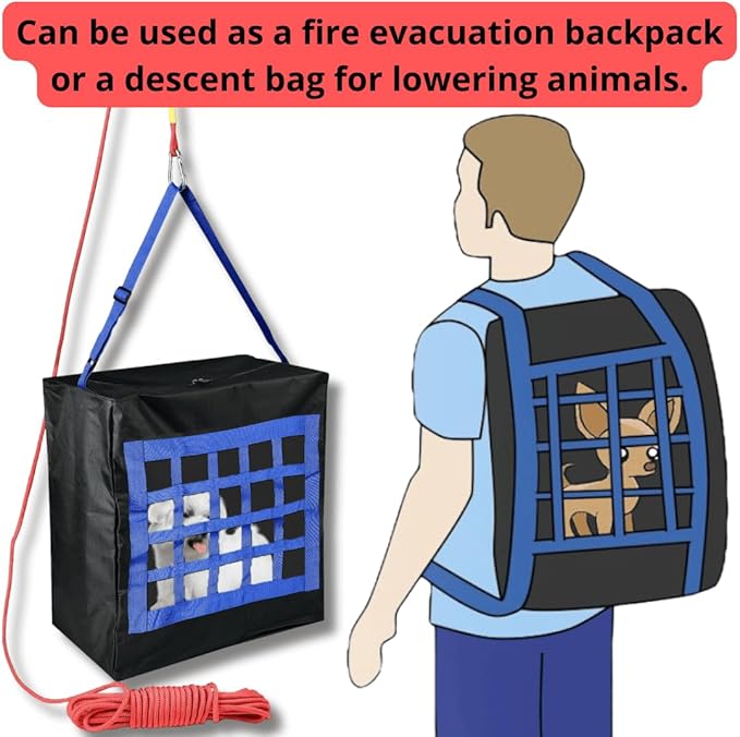 ISOP Fire Evacuation Device for Pets up to 55 Pounds - Compact Safety Equipment - Rope 50 Feet Incl. - Emergency Survival Kit for Animals (Medium 19"x18"x10") Pet Rescue Bag for Dogs & Cats