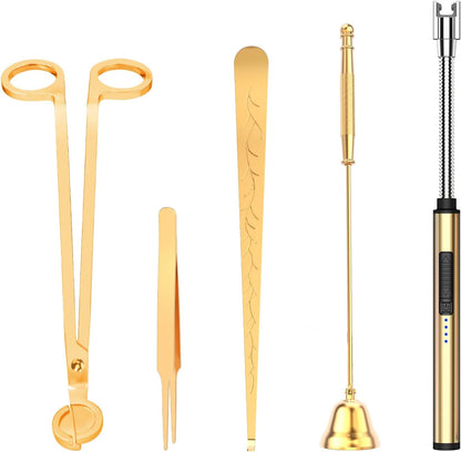 5 in 1 Candle Accessory Set,Candle Wick Trimmer Cutter,Candle Wick Dipper,Candle Wick Snuffer,Rechargeable Candle Lighter,Tweezers,Stainless Steel Candle Care Kit Home Gift for Aromatherapy(Gold)