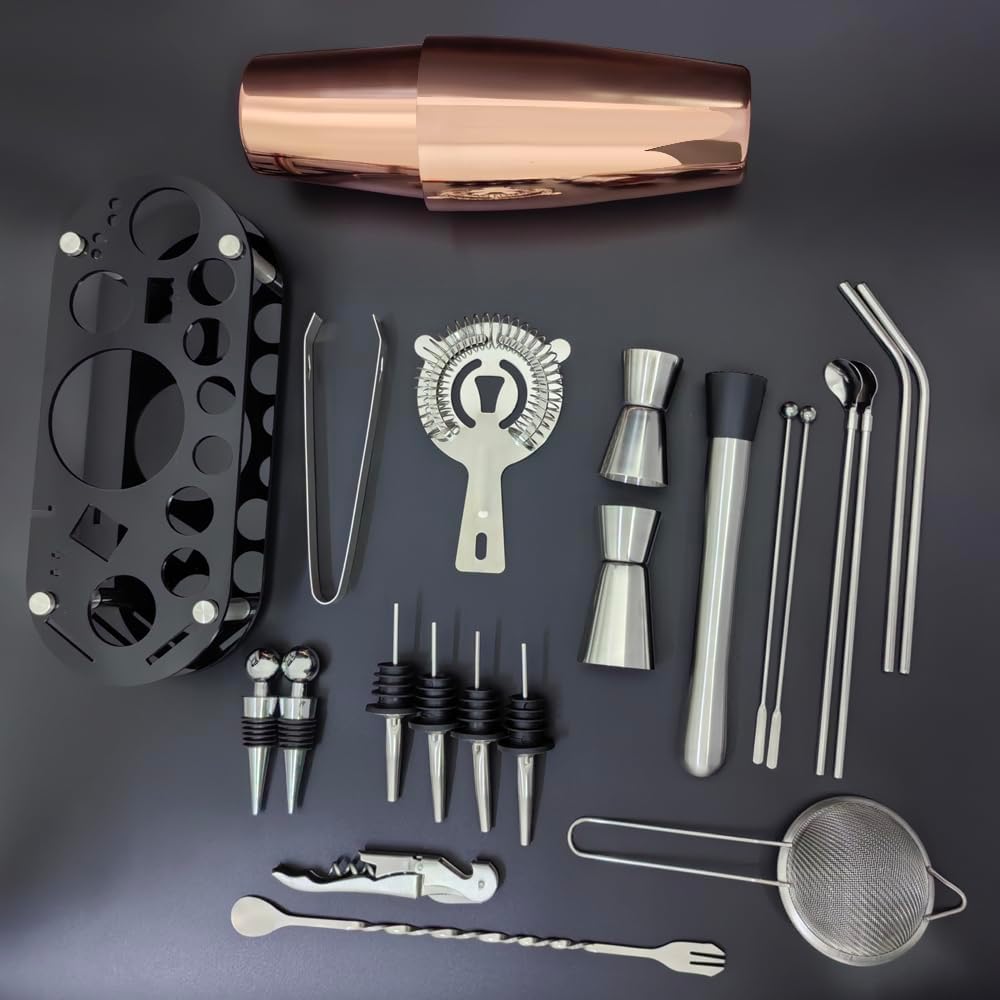 22-Piece Cocktail Shaker Set, 25/20oz Bartender Kit, Bartending Stainless Steel Bar Tools Sets for Drink Mixing, Boston Cocktail Shakers with Stand Recipes Booklet (Rose Gold-25-20oz)