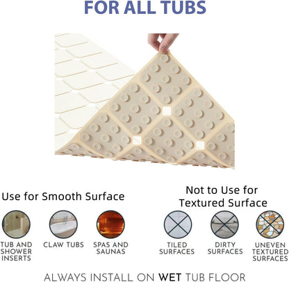 Bathtub Mat Non Slip Silicone Foldable Extra Long Tub Mat Strong Suction Cups & Large Drain Holes, Durable,Machine Washable for Smooth Surfaces Shower Mat, Ideal for Families Beige,15"x40" Beige