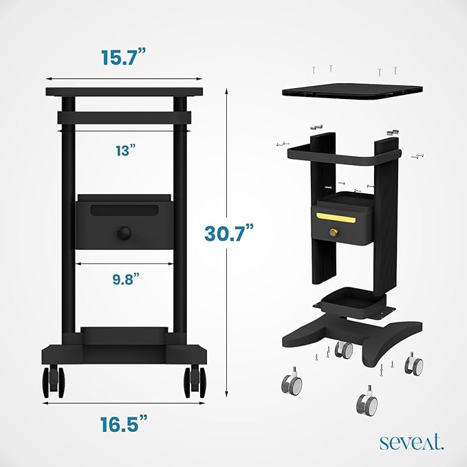 Professional Medical Cart with Drawers, 3 Tier, 198 Lbs Capacity, Portable Rolling Trolley for Home, Spa, Hospital, Office, Clinic (Black)
