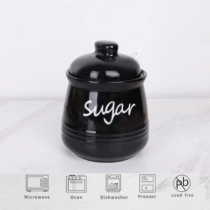HAOTOP 12oz Sugar Bowl with Lid and Spoon,Ceramic Sugar Jar Sugar Dispenser Sugar Container Coffee Bar Accessories, Kitchen Countertop Canisters, Black