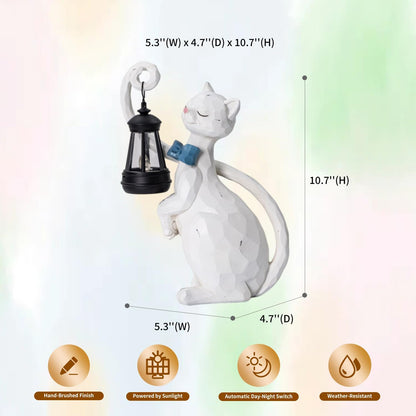WHIMSYNOOK 10.7" White Cat Solar Garden Light Statue – Outdoor Garden & Yard Decor, LED Lantern, Gift for Cat Lovers
