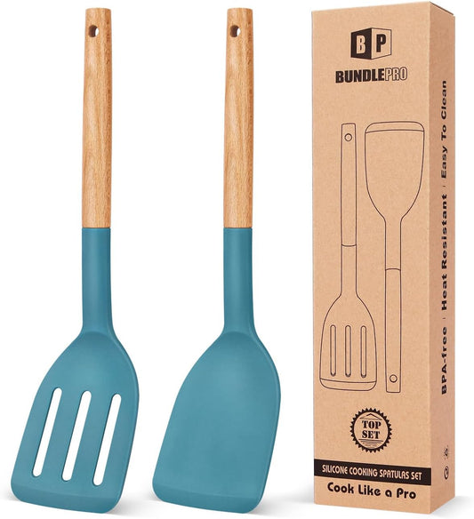 Pack of 2 Silicone Cooking Spatula, Heat Resistant Solid Turner, Non Stick Slotted Spatulas with Wooden Short Handle,Ideal Wood Kitchen Utensils Set for Frying, Baking, Flipping, Turning