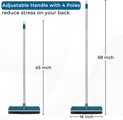 16-Inch Push Broom Outdoor with Rubber Squeegee and 58" Long Handle, 2 in 1 Commercial Broom Brush with Stiff Bristles for Deck Patio Garage Warehouse Driveway Concrete Floor Cleaning Scrubbing