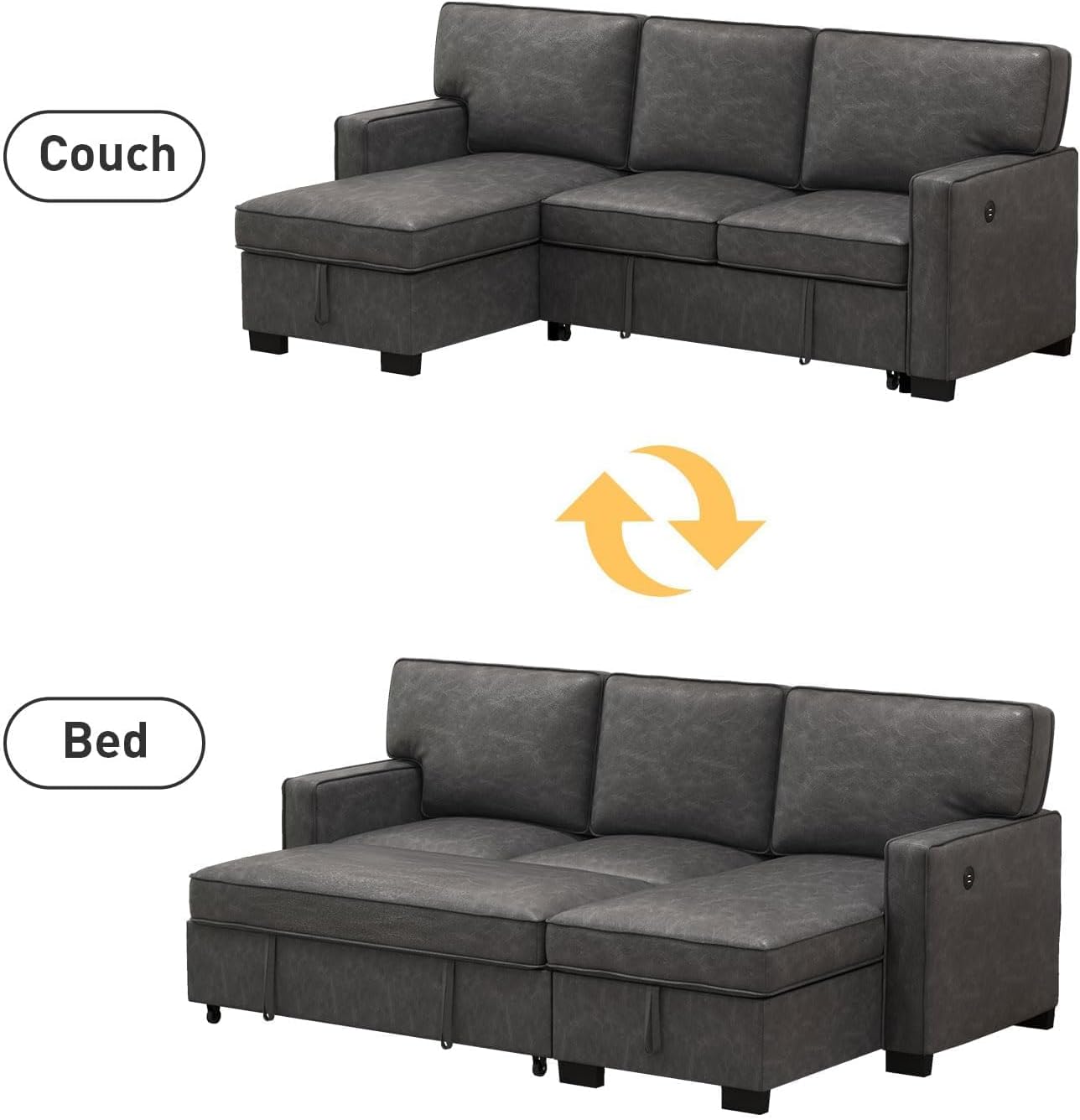 EBELLO Convertible Sleeper Sofa 3 in 1, Faux Leather Modern L-Shaped Couches for Living Room, Pull Out Sectional Futon Sofa Bed with Storage Space, USB Ports and Cup Holders for Bedroom