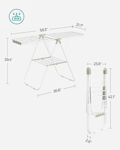 SONGMICS Clothes Drying Rack, with Sock Clips, Metal Laundry Rack, Foldable, Space-Saving, Free-Standing Airer, with 2 Height-Adjustable Gullwings, Indoor Outdoor Use, White and Green ULLR052C01