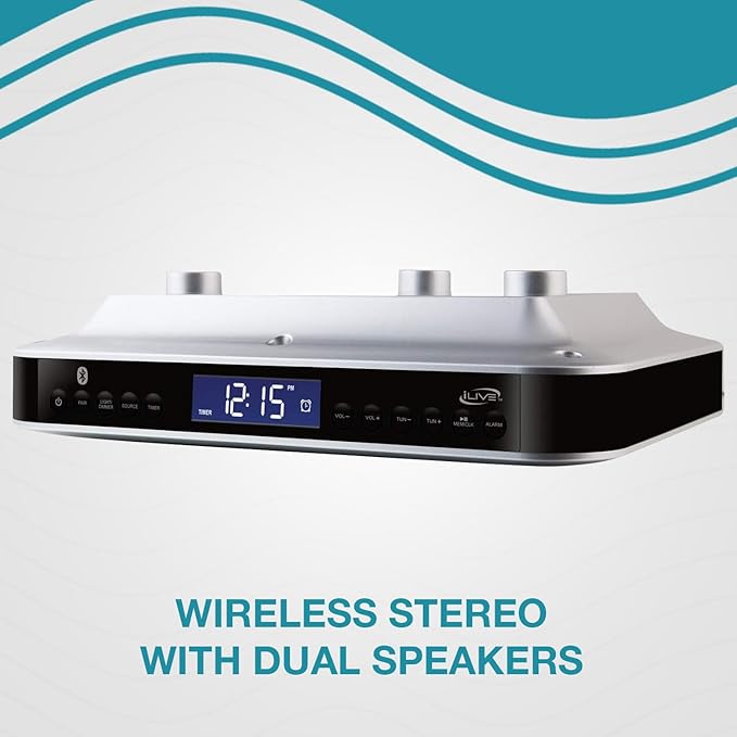 iLive Under Cabinet Bluetooth FM Radio for Kitchen, Wireless Stereo with Built-in Clock & Timer, 20 FM Presets, Negative LCD, 60-Ft Range, Under-Cabinet Mounting Hardware, AC Powered + Battery Backup
