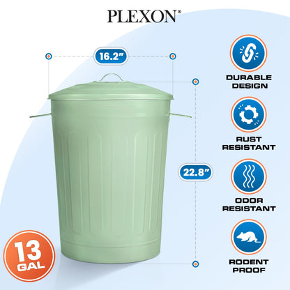 Plexon Round Trash Can 13 Gallon, Vintage Metal Outdoor Trash Can with Lid, Retro Farmhouse Garbage Container, Old School Modern Ash Bucket, Green 3 Pack