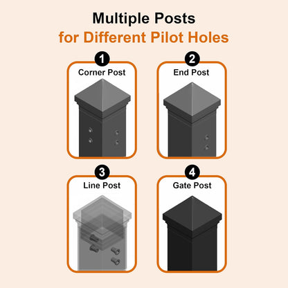 End Post for Yard, Garden, Outdoor Fencing – Steel, 2"x2"x78", Black, DIY Pre-Drilled Holes on One Side, Built-in Rivet Nuts, Soil Installation (1pc)